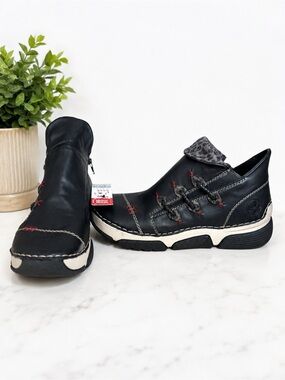 Rieker Original 1874 Black Leather Side Zip Comfort Ankle Booties EU 39 US 8/8.5